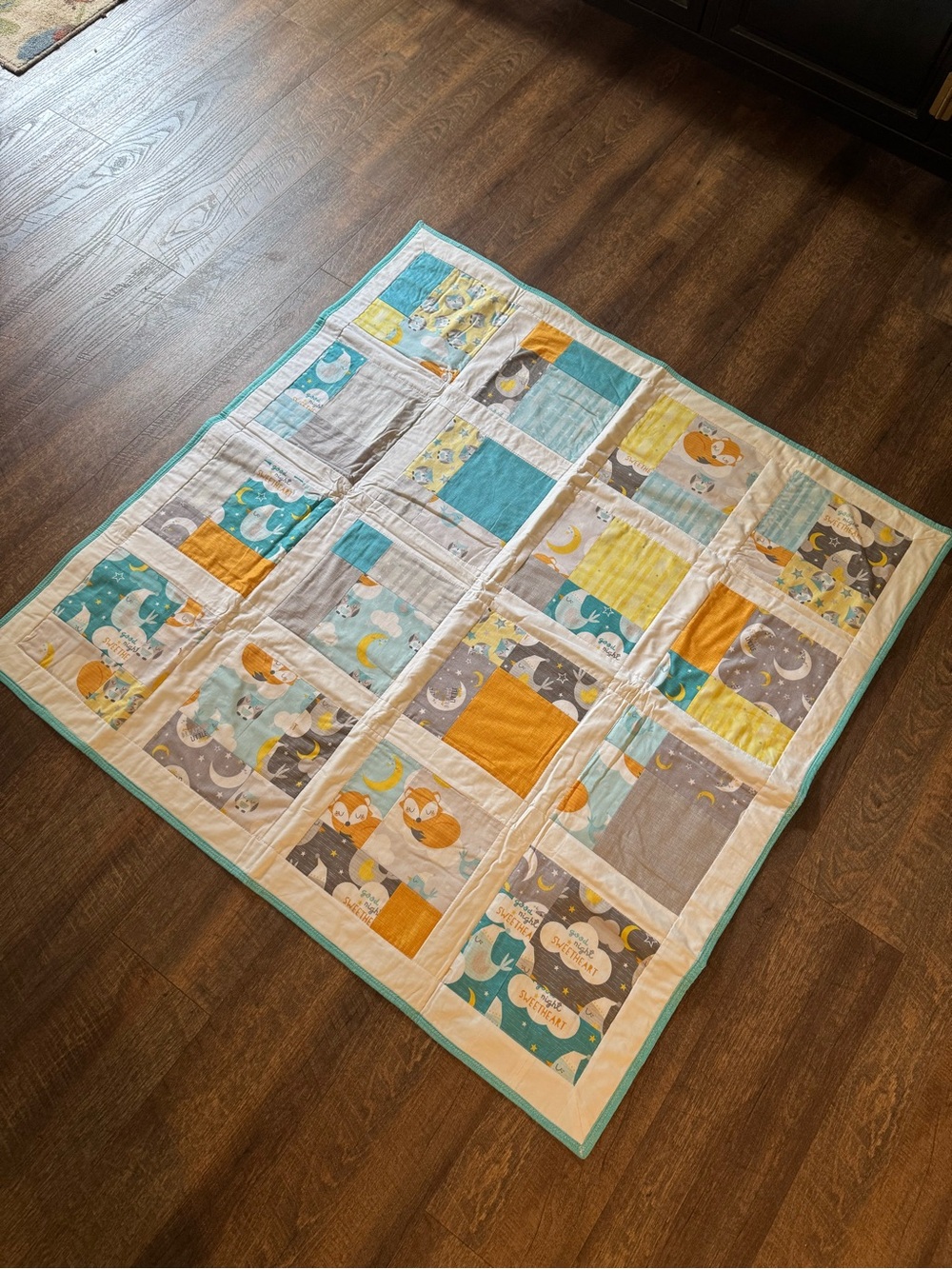 Handmade Baby Quilt in Teal, Mustard & Gray 44” x 44”
